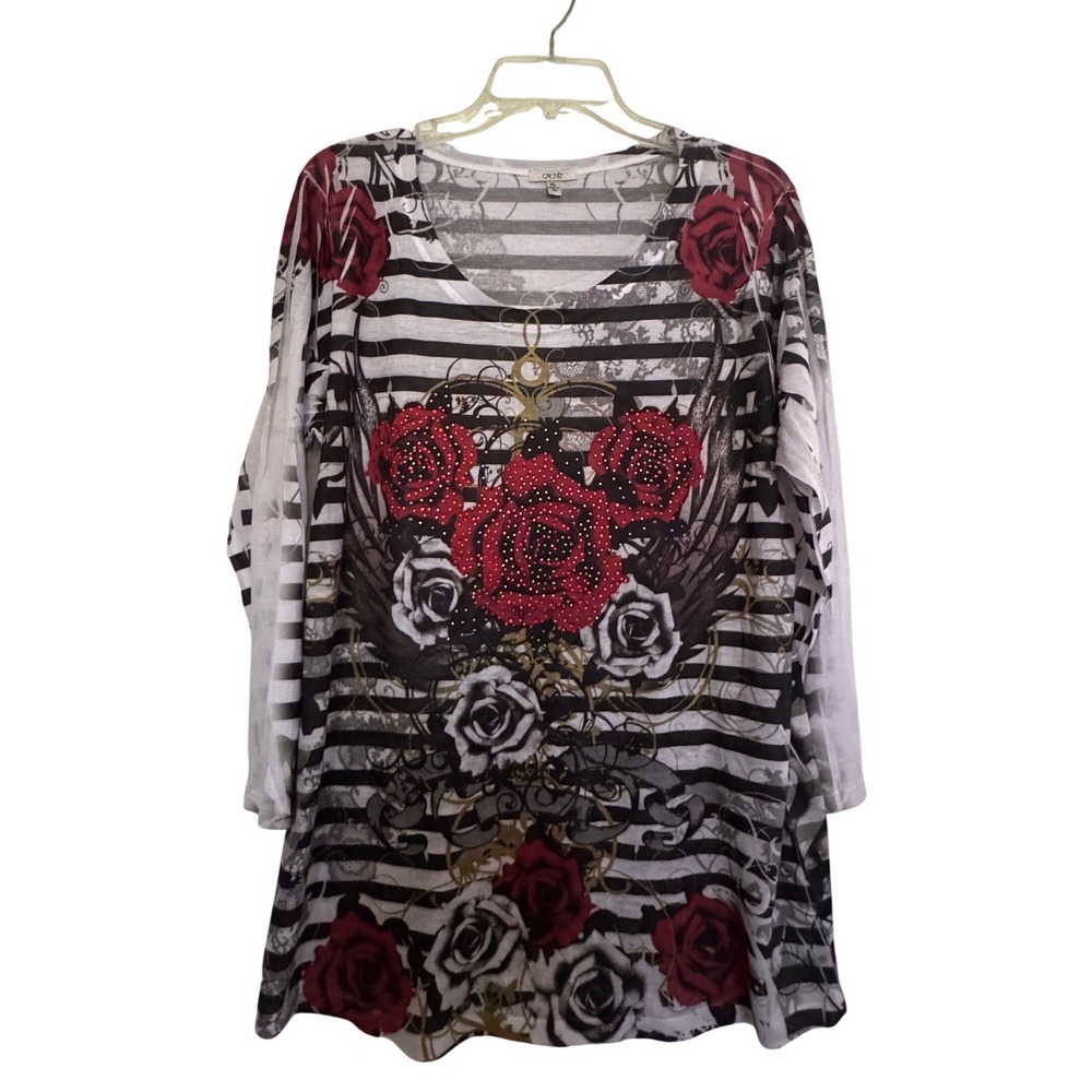 Cache Womens XL Rose Graphic Rhinestone Striped Long Sleeve Top Red Black White